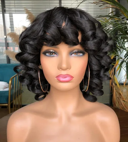 Pelucas cortas y rizadas para mujeres negras, peluca rizada afro con flequillo, rizos sueltos, lindos rizos, pelo sintético para mujeres Negro