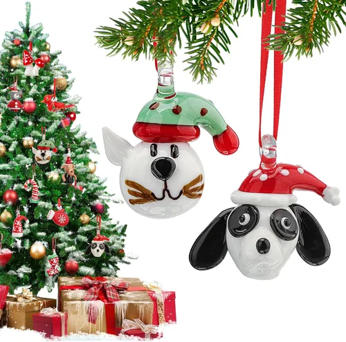 Adornos de Navidad de gato y perro de 2 pulgadas para árbol 2025, 2 piezas de adornos de vidrio para colgar en el árbol de Navidad, figuras de