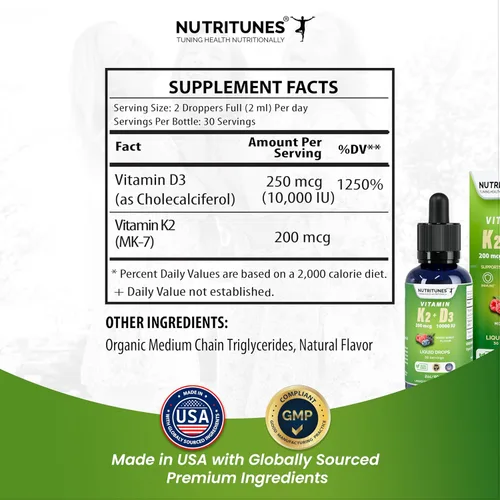 Miniatura 5 de Gotas líquidas K2 D3 – Vitamina D3 10,000 UI y vitamina K2 200 mcg – Suplemento de alta potencia para la salud ósea, inmune y cardíaca – Sabor mixto