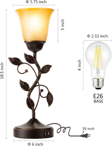Miniatura 6 de Lámpara de mesa con control táctil con 2 puertos de carga USB, lámparas de mesita de noche regulables de 3 vías, pantalla de vidrio ámbar, lámpara