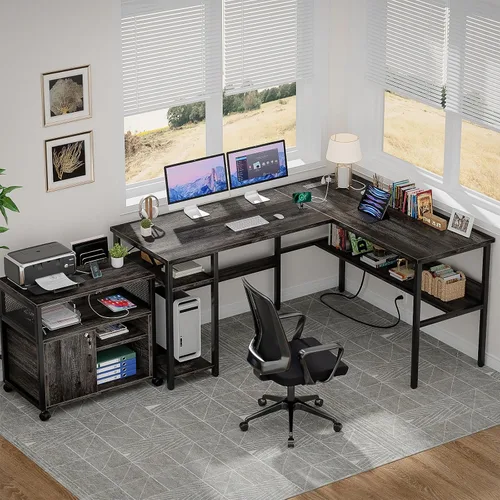 Miniatura 2 de Unikito Escritorio reversible en forma de L con tomas de corriente mágicas y puertos de carga USB, escritorio de esquina para computadora resistente