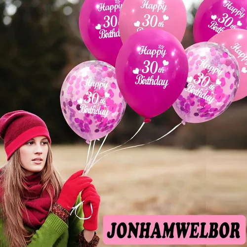 Miniatura 4 de JONHAMWELBOR Globos de Feliz 30º Cumpleaños (30 piezas de 12 pulgadas) Rosa Intenso y Rosa Látex Inflables Confeti Aniversario Fiesta Globos