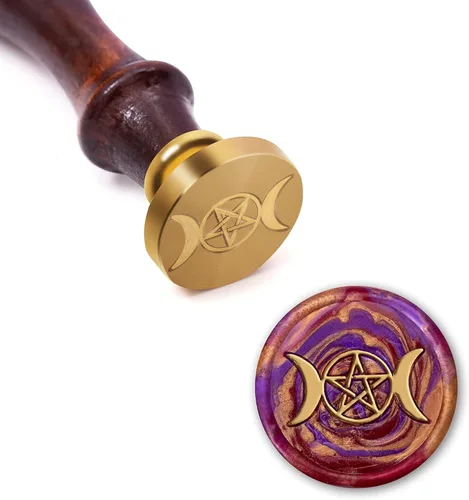 Sello de cera de diosa de triple luna, sello pagano de latón de pentagrama creciente, pequeño sellador de metal único de diosa de brujería con mango