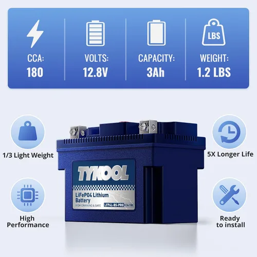 Miniatura 4 de TYKOOL YTX4L-BS-Pro Batería de litio de alto rendimiento para motocicleta, 180CCA 12.8V 3Ah LiFePO4, batería para deportes de motor, con BMS