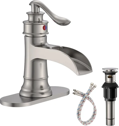 Miniatura 14 de Homevacious Grifo de lavabo de baño con cascada, monocontrol, negro mate y níquel cepillado, grifo mezclador para lavamanos, un orificio, palanca