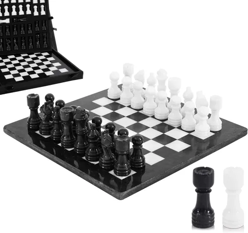 Miniatura 9 de Juego de ajedrez de mármol para adultos de 12 pulgadas, tablero hecho a mano negro y coral con 32 piezas de ajedrez, 2 reinas adicionales y caja
