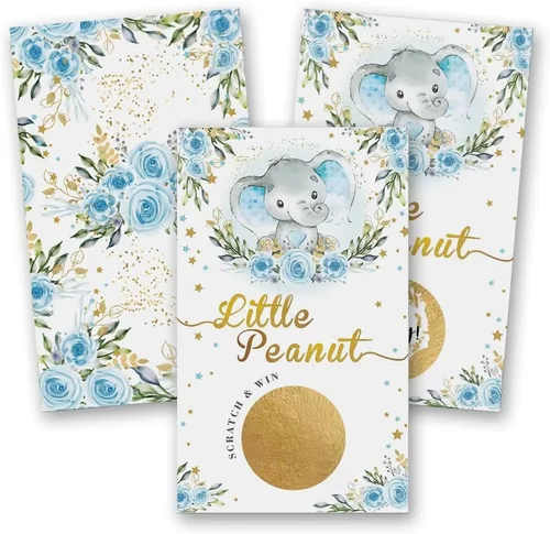 50 Baby Shower Scratch Off Game, tarjeta de dibujo de rosa elefante azul, actividades de fiesta, decoraciones y suministros, es un niño