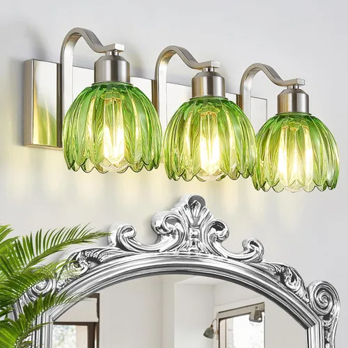 Luces de tocador de 3 luces con pantalla de cristal de tulipán verde, níquel cepillado para baño, lámpara de pared vintage para cocina, sala de