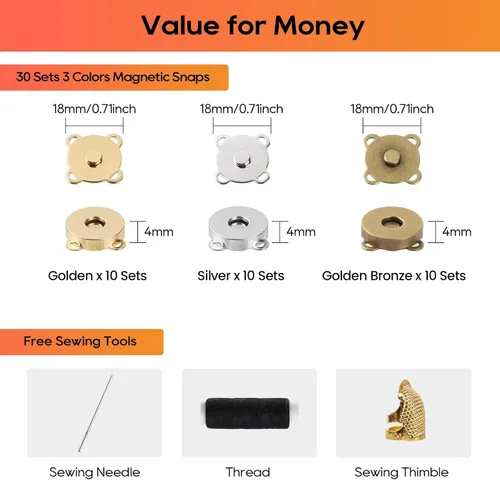 Miniatura 2 de 30 juegos de broches magnéticos, broches magnéticos para bolsos con accesorios de costura, cierres magnéticos para coser manualidades, bolsos, ropa