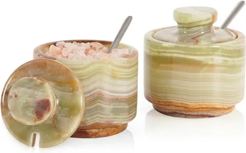 MARBLOUS KRAFTS - Recipiente de sal de mármol con tapa y cuchara de 3" en piedra verde, plato de sal navideño decorativo para almacenamiento en