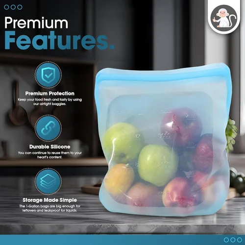 Miniatura 8 de Albino Monkey Bolsa de silicona reutilizable para almacenamiento de alimentos, extra grande XXL de 1 galón 135 onzas, bolsa hermética a prueba