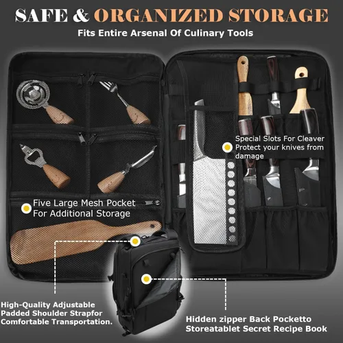 Miniatura 3 de Mochila táctica para cuchillos de chef, bolsa de transporte profesional para cuchillos, estuche organizador de viaje con más de 30 bolsillos