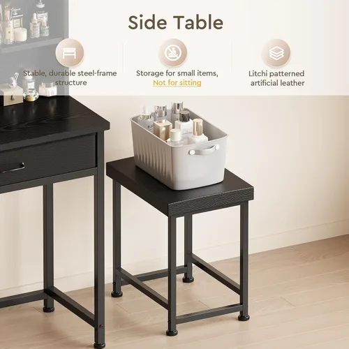 Miniatura 7 de YeTom Escritorio de maquillaje con espejo y luces, tocador pequeño con cajón de almacenamiento de tela, estantes y mesa auxiliar, tocador de Negro