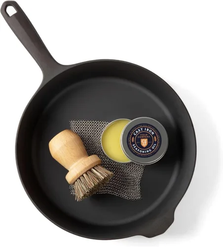 Juego de iniciación de hierro fundido de campo, sartén de hierro fundido de 10.25 pulgadas con kit de limpieza: cepillo de fibra natural, limpiador