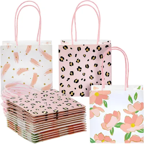 Sparkle and Bash Bolsas de recuerdo de fiesta con asas, paquete de 12, 5 x 5 x 3 pulgadas, surtido de flores y animales rosas - Mini bolsas de
