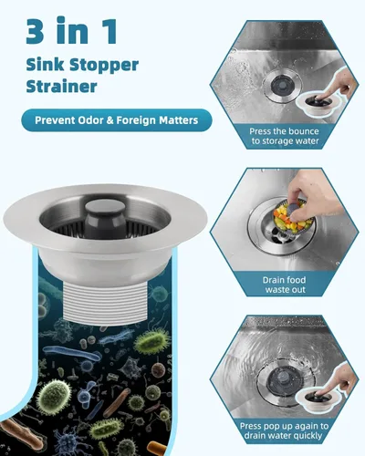Miniatura 3 de Colador universal de drenaje para fregadero de cocina, 3 en 1, de acero inoxidable, desplegable, para fregadero de cocina, colador combinado