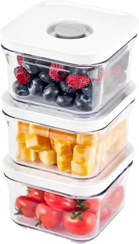 VAKUEN Contenedores Herméticos Premium para Almacenamiento de Alimentos, Mini Cuadrados 3 piezas/juego (0.32 qt), Tapa de Sellado Inteligente de Un