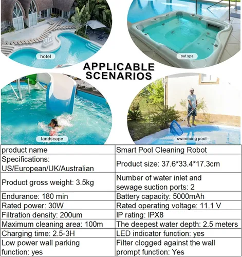 Miniatura 4 de Limpiador robótico inalámbrico para piscinas, 5000 mAh 25 °, aspiradora de piscina para escalar, mapeo inteligente, robot aspirador de piscina dura