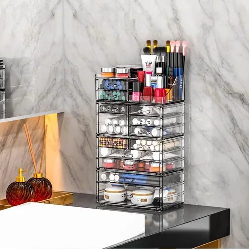 Miniatura 8 de Cq acrylic Organizadores de maquillaje transparentes para tocador, organizador de cuidado de la piel con 5 cajones para cómoda, accesorios