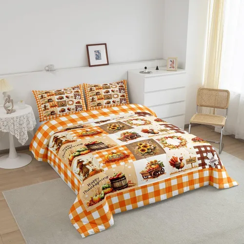 Miniatura 2 de Castle Fairy Juego de edredón de otoño con temática de Acción de Gracias, tamaño individual, juego de ropa de cama de calabaza, girasol, pavo