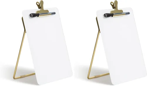 U Brands Caballete de escritorio de cristal de borrado en seco, vidrio templado, soporte de metal dorado, clip extraíble (paquete de 2)