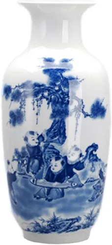 Miniatura 8 de Dahlia Jarrón azul y blanco, florero de porcelana china hecho a mano, montaña celestial, forma de rouleau de 14 pulgadas