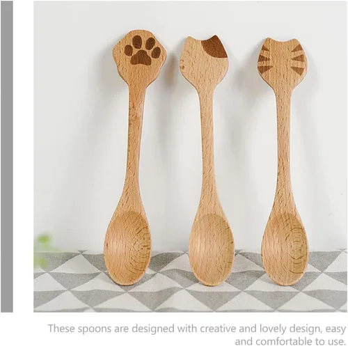Miniatura 6 de iplusmile Juego de 2 cucharas de madera para gatos, utensilios de cocina ergonómicos de 5.51 pulgadas para ensalada de arroz y sopa, diseño de mango