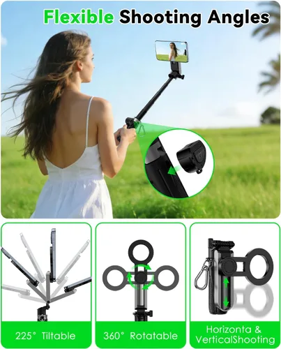 Miniatura 5 de CloudValley Palo magnético para selfie y mini trípode, estabilizador de mano extensible de rotación de 360°, agarre de cámara con control remoto