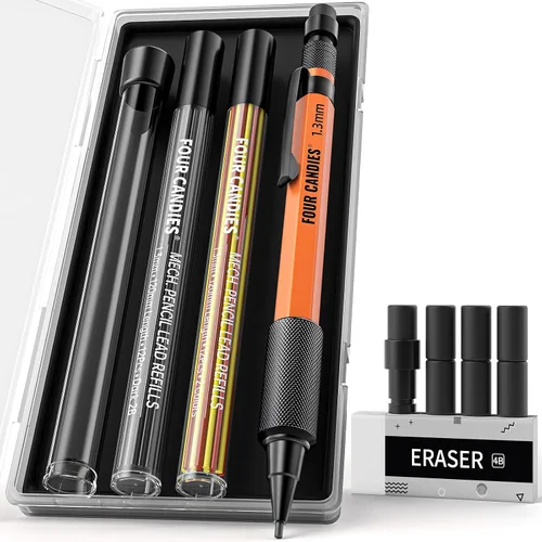 Miniatura 10 de Four Candies Juego de lápices mecánicos de 1.3mm con 24 repuestos de plomo, lápiz de carpintero de metal resistente a la intemperie para uso pesado