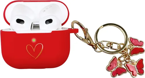 Miniatura 11 de Funda compatible con AirPods 3 2021, funda de silicona suave con patrón de corazón dorado para AirPods de 3ª generación con bonito llavero de Negro