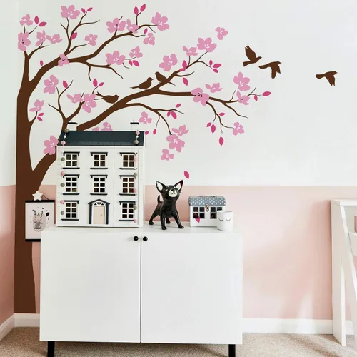 Miniatura 9 de Adhesivo decorativo para pared de árbol de esquina grande con flores grandes, pájaros y hojas para cuarto de bebé, mural 087