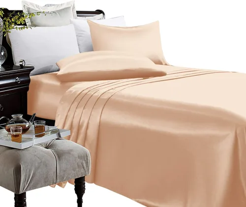 Miniatura 7 de Anex Linen Juego de sábanas de satén, juego de ropa de cama de 4 piezas, hilos altos, juego de sábanas 100% satén beige ultra suave, juego