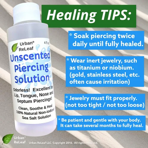Miniatura 5 de Urban ReLeaf Solución de piercing sin perfume. Remojado curativo de sal marina sin yodado. Labio, lengua, tabique, hoyuelo, boca. Sin aroma. Listo