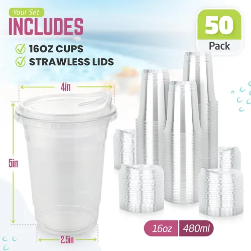 Miniatura 2 de FROZIP Paquete de 50 tazas de café de plástico de 16 onzas con tapas para sorbos, vasos de plástico transparente con tapas para batidos, café helado