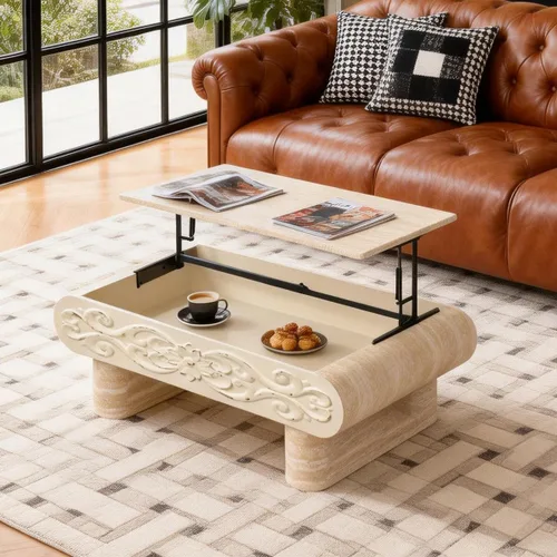 SSLine Lift Top Coffee Table with Hidden Storage, Faux Travertine Coffee Tables with Vintage Carved Decor, Rising Tabletop Dining Center Table for