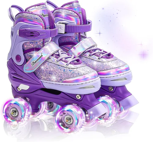 Miniatura 9 de Patines de ruedas para niños y niñas, 4 tamaños ajustables de 3 a 5 a 8, 6 a 12 años, patines cuádruples con ruedas iluminadas para principiantes