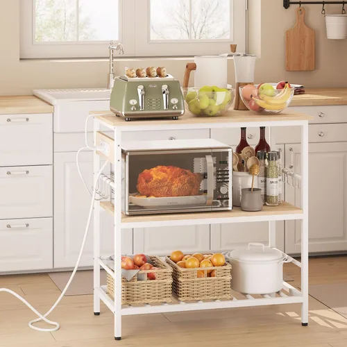 Miniatura 7 de IBUYKE Isla de cocina con almacenamiento, estante para panaderos con toma de corriente, soporte para microondas con encimera grande, carrito