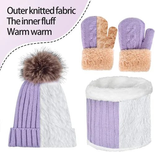 Miniatura 5 de Conjunto de bufanda y guantes de punto de invierno para niños y niñas con pompón