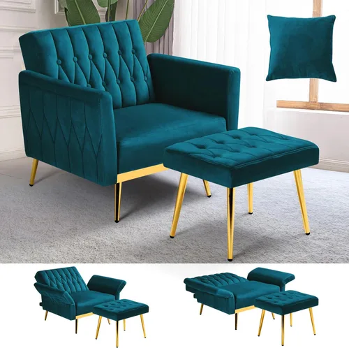 Miniatura 19 de Silla de terciopelo Accent con apoyabrazos y respaldo ajustables, sillón de ocio con botones acolchados, sillón reclinable individual con otomano