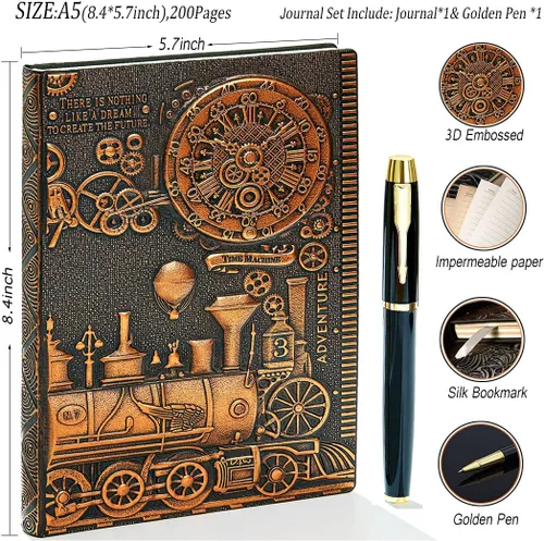 Miniatura 2 de Diario de escritura de cuero vintage en relieve 3D con juego de bolígrafos de diamante,A5,200 páginas, bloc de notas diario hecho a mano antiguo