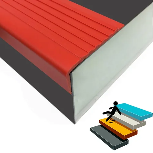 Protector de borde de escalera, borde de nariz de escalera, en forma de L, 70 pulgadas, protector de banda de rodadura de goma de vinilo Rojo
