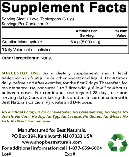Miniatura 2 de Best Naturals Monohidrato de creatina, 1 libra de polvo puro (1 libra (paquete de 2))