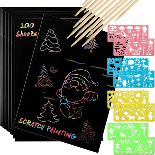 ZEAYEA Juego de 200 piezas de papel para rascar, papel mágico para raspar con 10 lápices ópticos, 8 plantillas, notas negras para raspar para niños