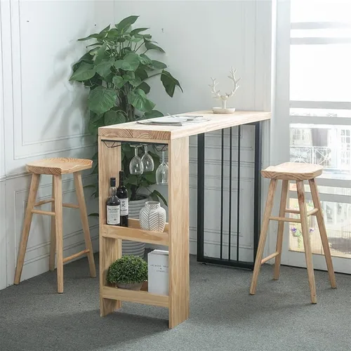 Miniatura 3 de Mesa de barra de altura nórdica moderna barra de madera maciza para el hogar multifuncional sala de estar Bar con estante Tienda de té con leche