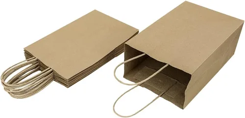 Miniatura 4 de Oikss Paquete de 100 bolsas pequeñas de papel kraft natural liso de 5.25 x 3.25 x 8.25 pulgadas, con asas, a granel para fiestas de cumpleaños
