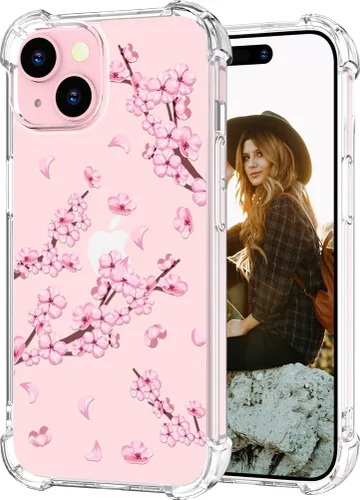Miniatura 71 de Hungo Funda compatible con iPhone 15 Plus para mujer, diseño floral transparente, lindo, flor azul rosa Rosas Azules