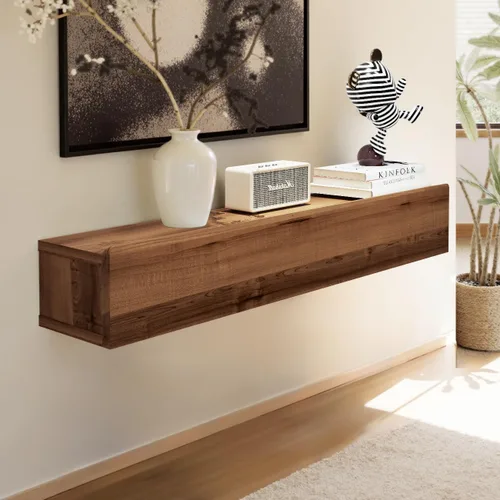 Miniatura 8 de Mesa consola flotante de madera maciza, mesa de entrada estrecha montada en la pared de 32 pulgadas con estante de almacenamiento, estantes modernos