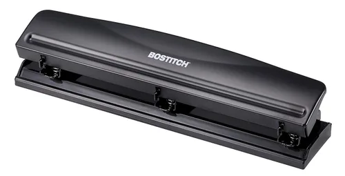 Bostitch Office - Perforadora de 3 agujeros, metal duradero, base de goma, 12 hojas, color negro