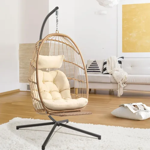 Miniatura 8 de Silla de huevo con soporte – Silla colgante de huevo de mimbre de ratán para dormitorio interior y exterior – Marco de aluminio resistente a la Azul