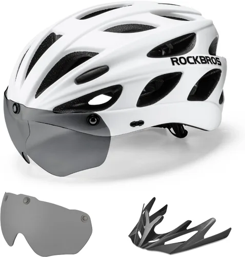 ROCKBROS - Casco de bicicleta para hombres y mujeres adultos con ajuste sugerido de 58-65cm, gafas magnéticas desmontables y visera solar, ligero